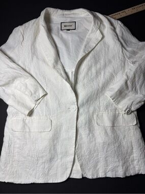 Mayan 100%  White Linen-Blend Women's Blazer Open Front Jacket Large 3/4 Sleeves
